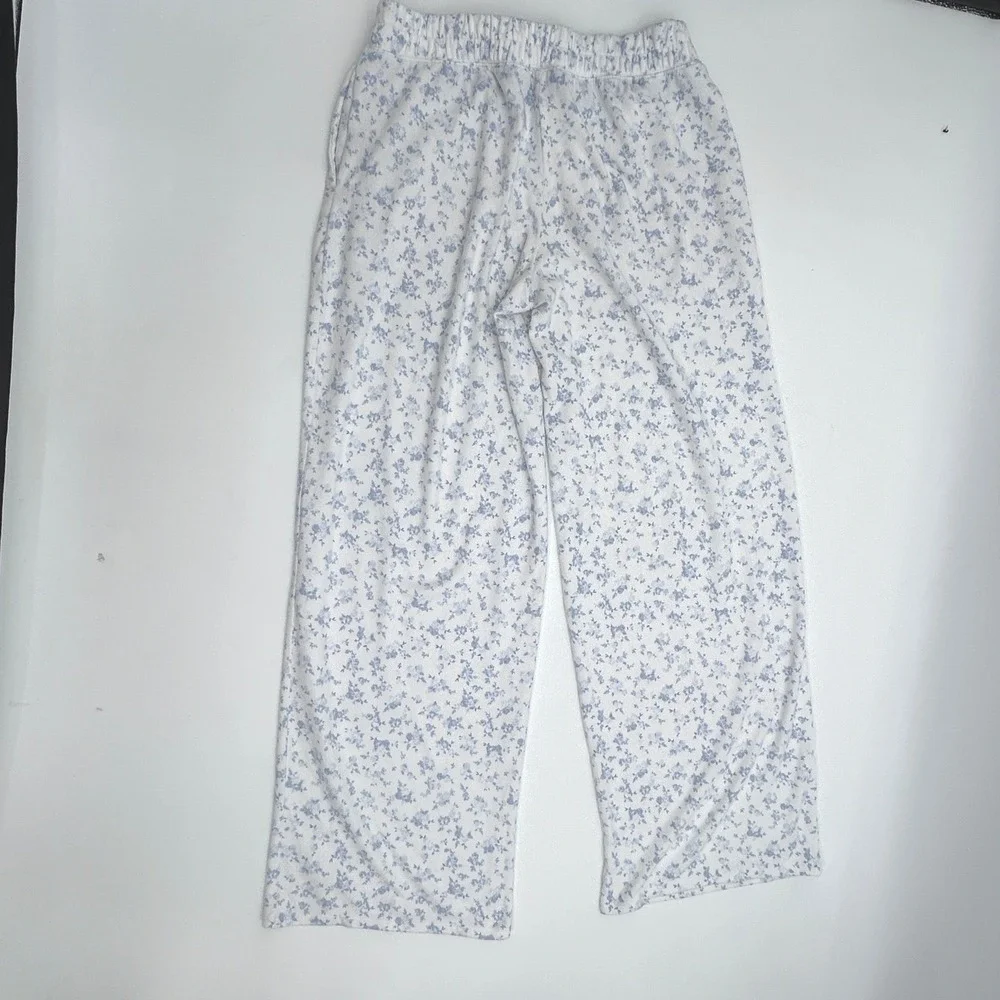 Hollister Blue Floral Flannel Pajama Set Hooded Top Lounge Sleepwear coquette
